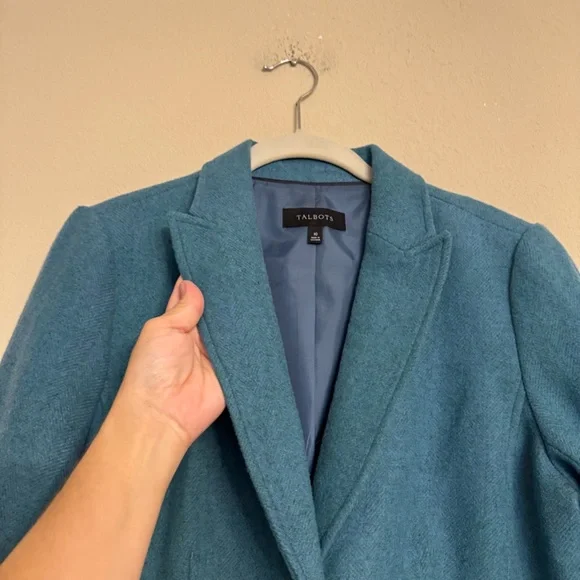 Talbots Jacket Blazer Teal Career Lined Gold Crest Buttons Wool Blend Size 10 - Picture 5 of 16